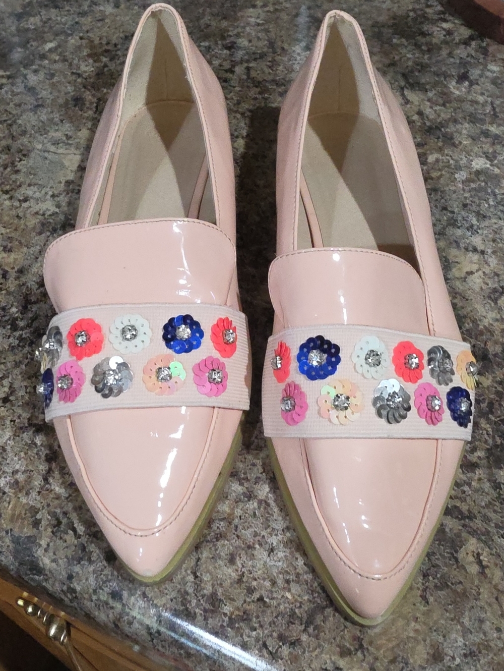 ASOS Pale Pink Patent Loafers with Multicolor Sequin Floral Band